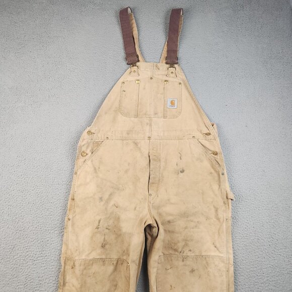 Vtg Carhartt Double Knee Bib Overalls Mens 40 Unlined Canvas 90's Work Distress - Picture 3 of 16